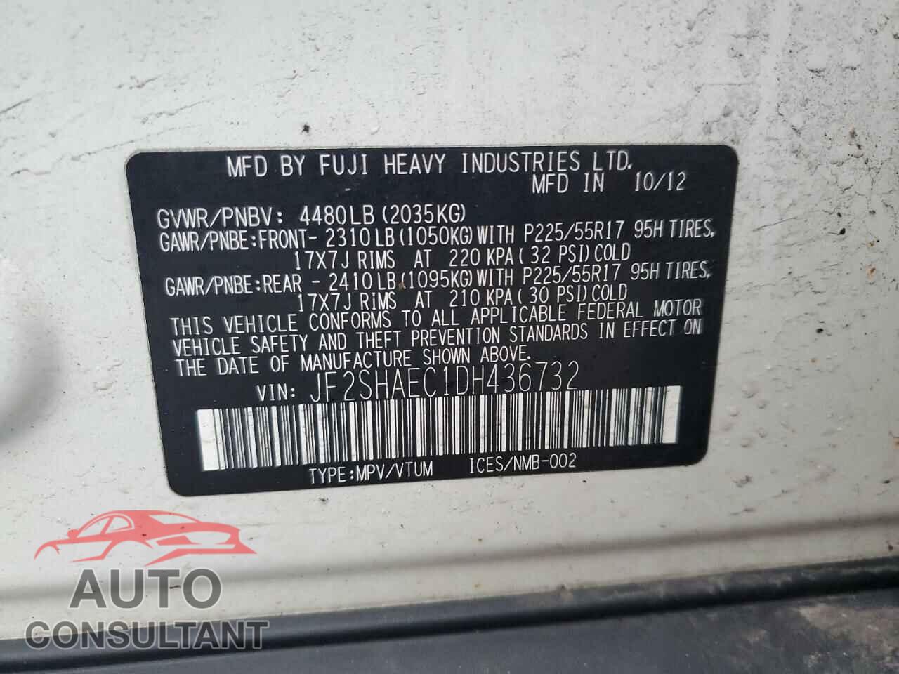 SUBARU FORESTER 2013 - JF2SHAEC1DH436732
