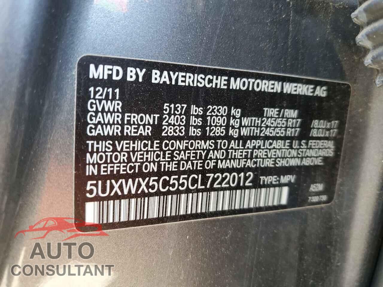 BMW X3 2012 - 5UXWX5C55CL722012