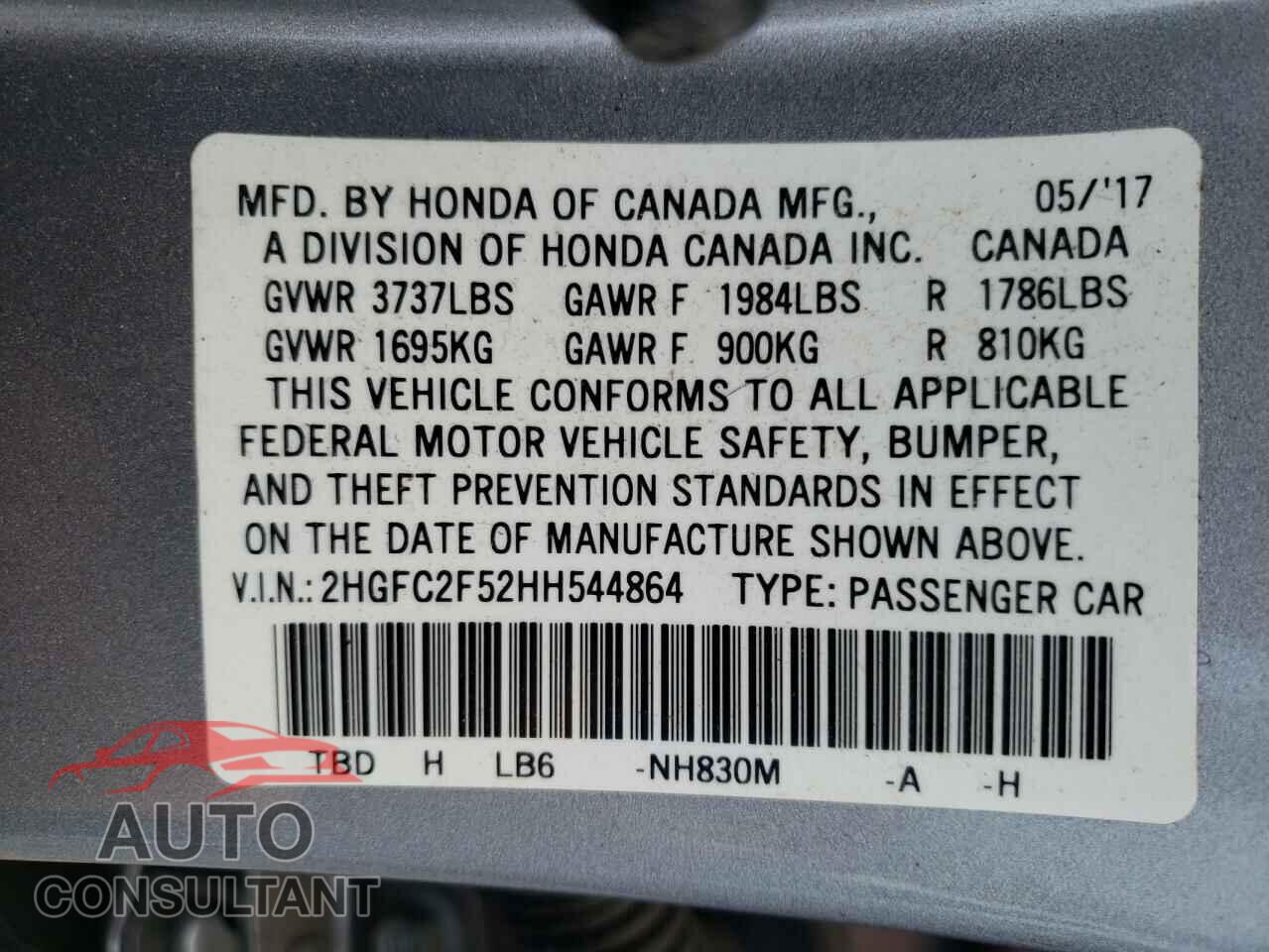 HONDA CIVIC 2017 - 2HGFC2F52HH544864