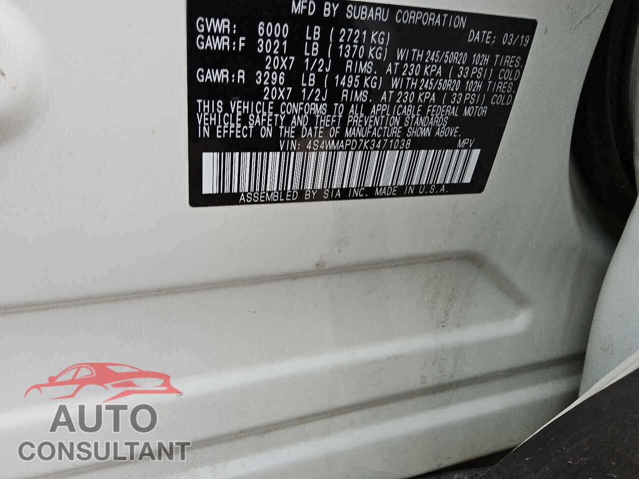 SUBARU ASCENT 2019 - 4S4WMAPD7K3471038