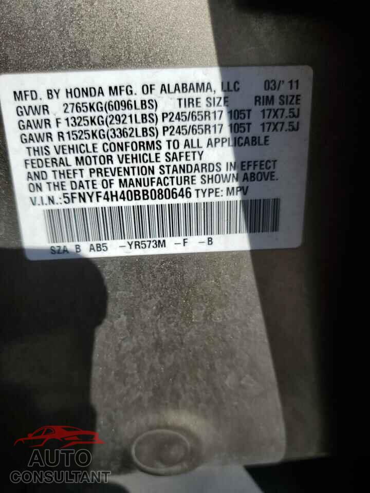 HONDA PILOT 2011 - 5FNYF4H40BB080646