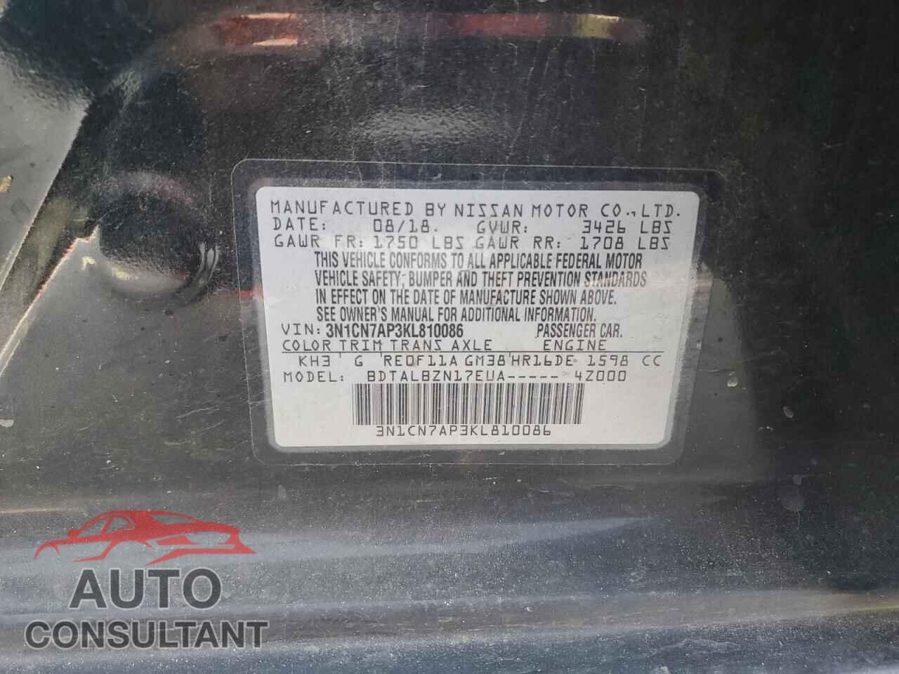 NISSAN VERSA 2019 - 3N1CN7AP3KL810086
