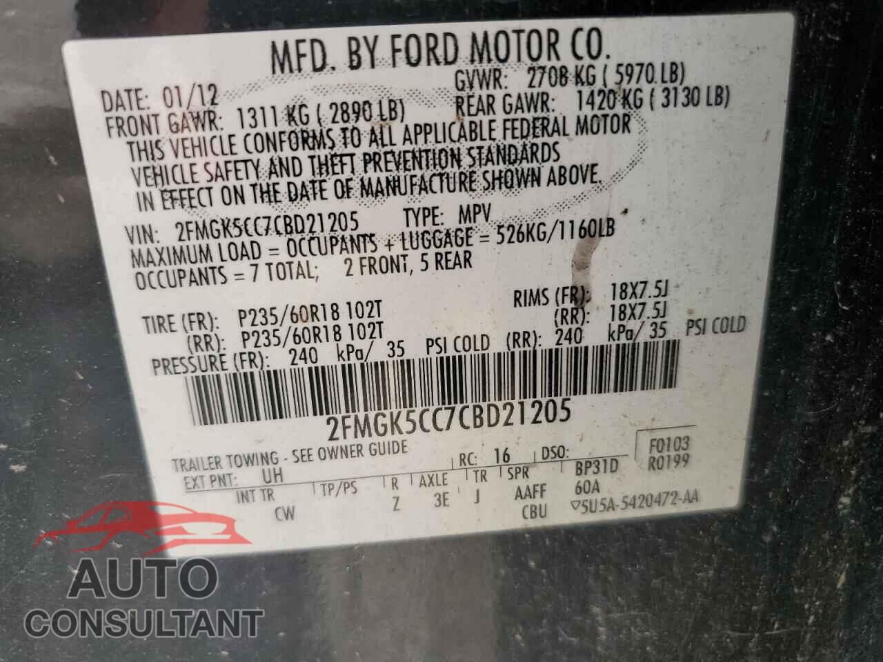 FORD FLEX 2012 - 2FMGK5CC7CBD21205