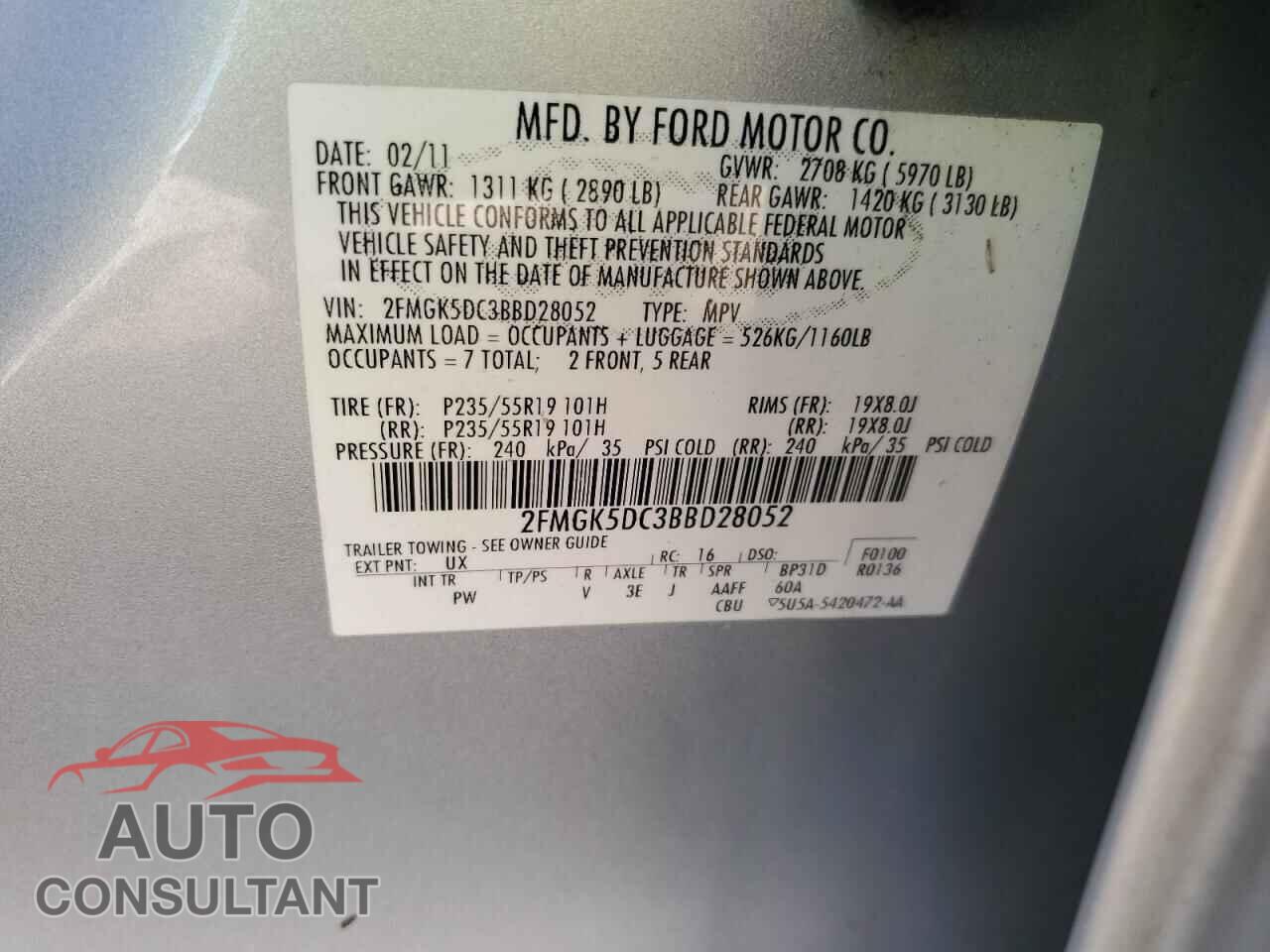 FORD FLEX 2011 - 2FMGK5DC3BBD28052
