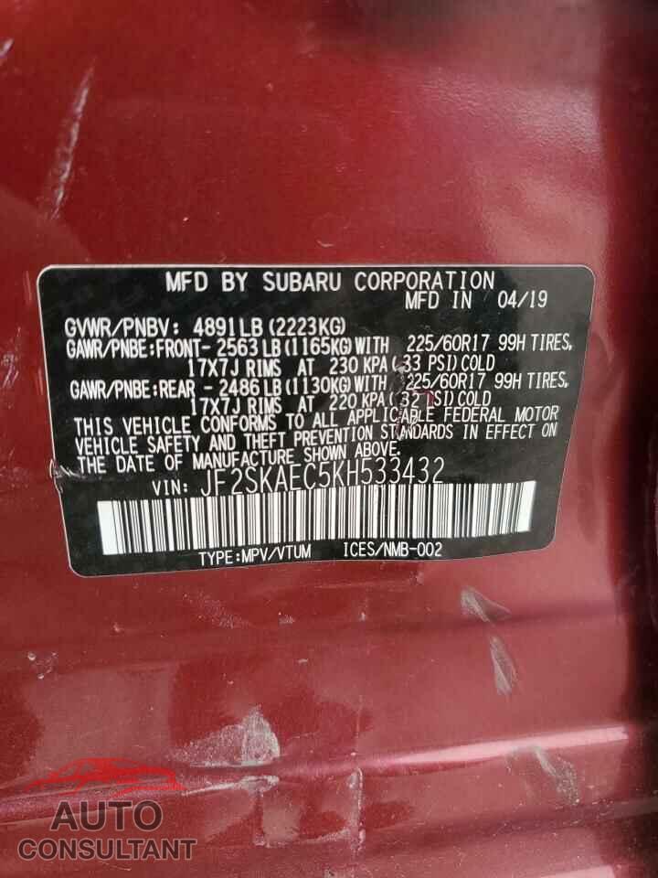 SUBARU FORESTER 2019 - JF2SKAEC5KH533432