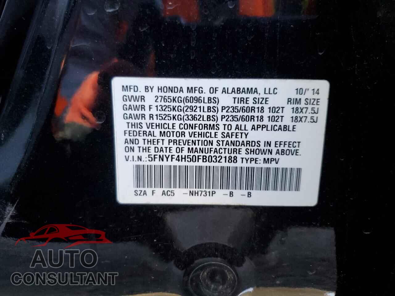 HONDA PILOT 2015 - 5FNYF4H50FB032188