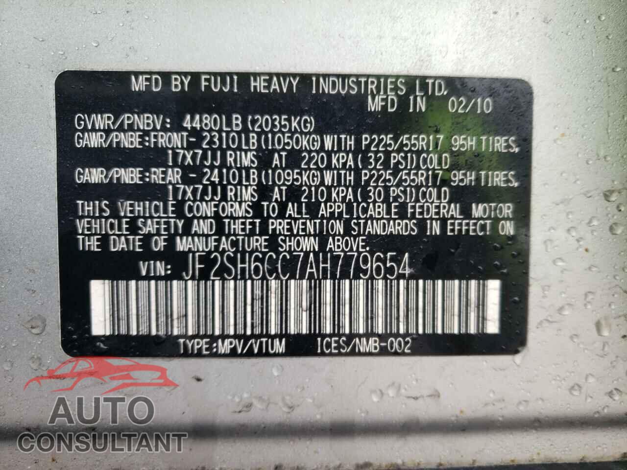 SUBARU FORESTER 2010 - JF2SH6CC7AH779654