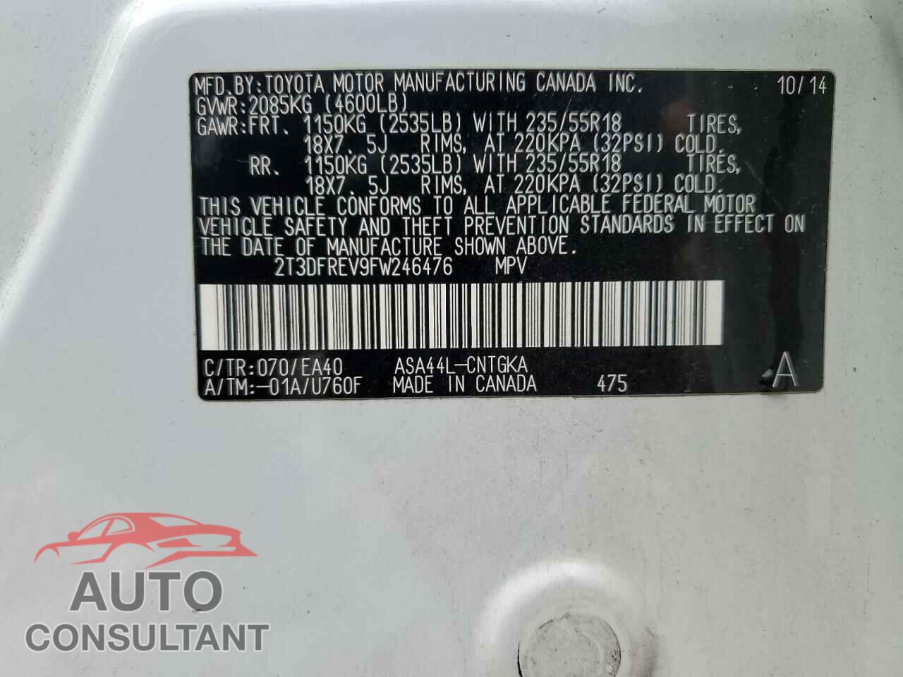 TOYOTA RAV4 2015 - 2T3DFREV9FW246476