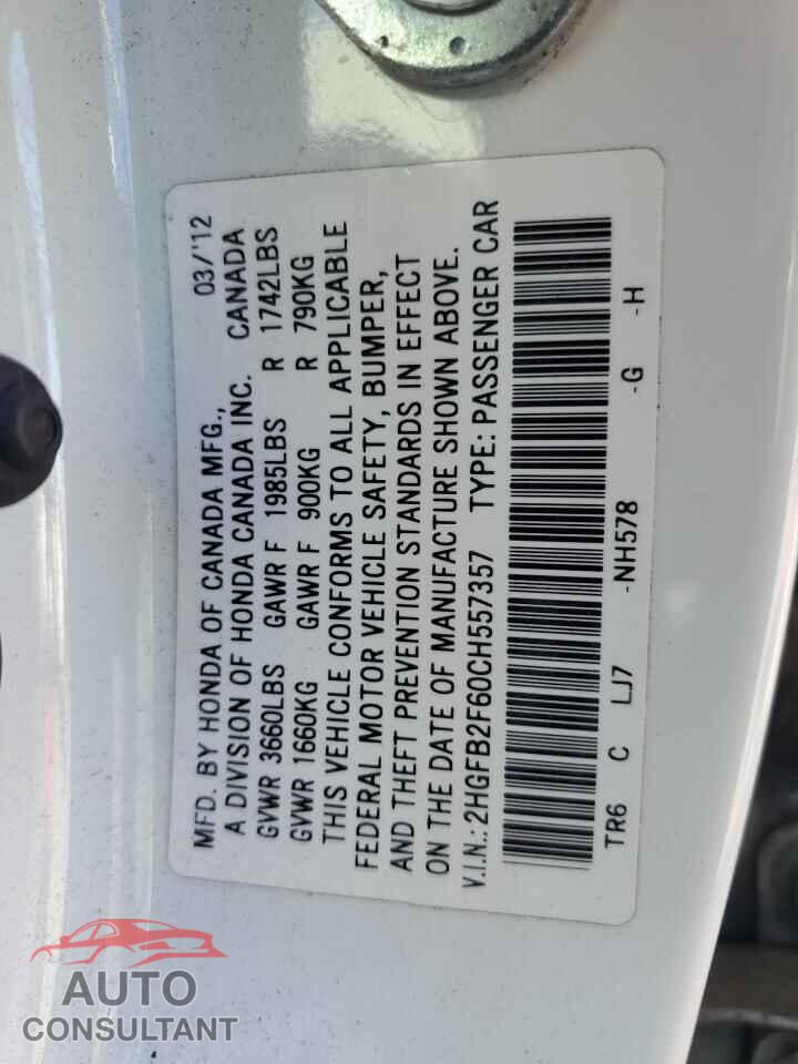HONDA CIVIC 2012 - 2HGFB2F60CH557357