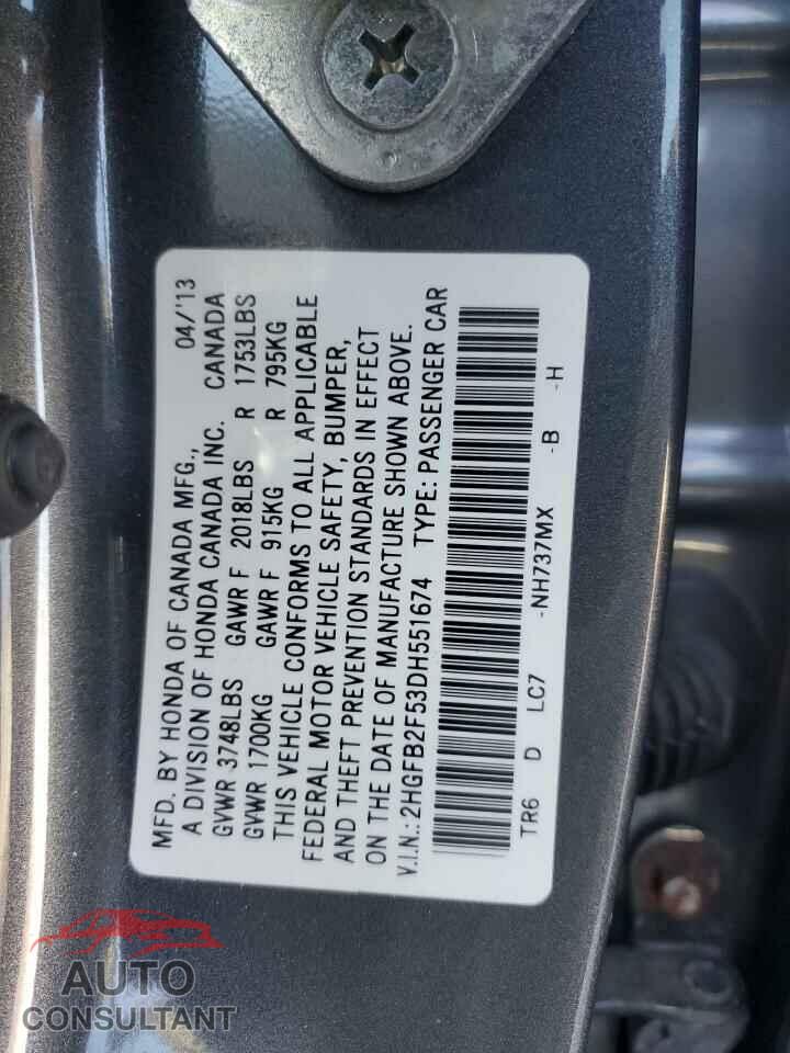 HONDA CIVIC 2013 - 2HGFB2F53DH551674