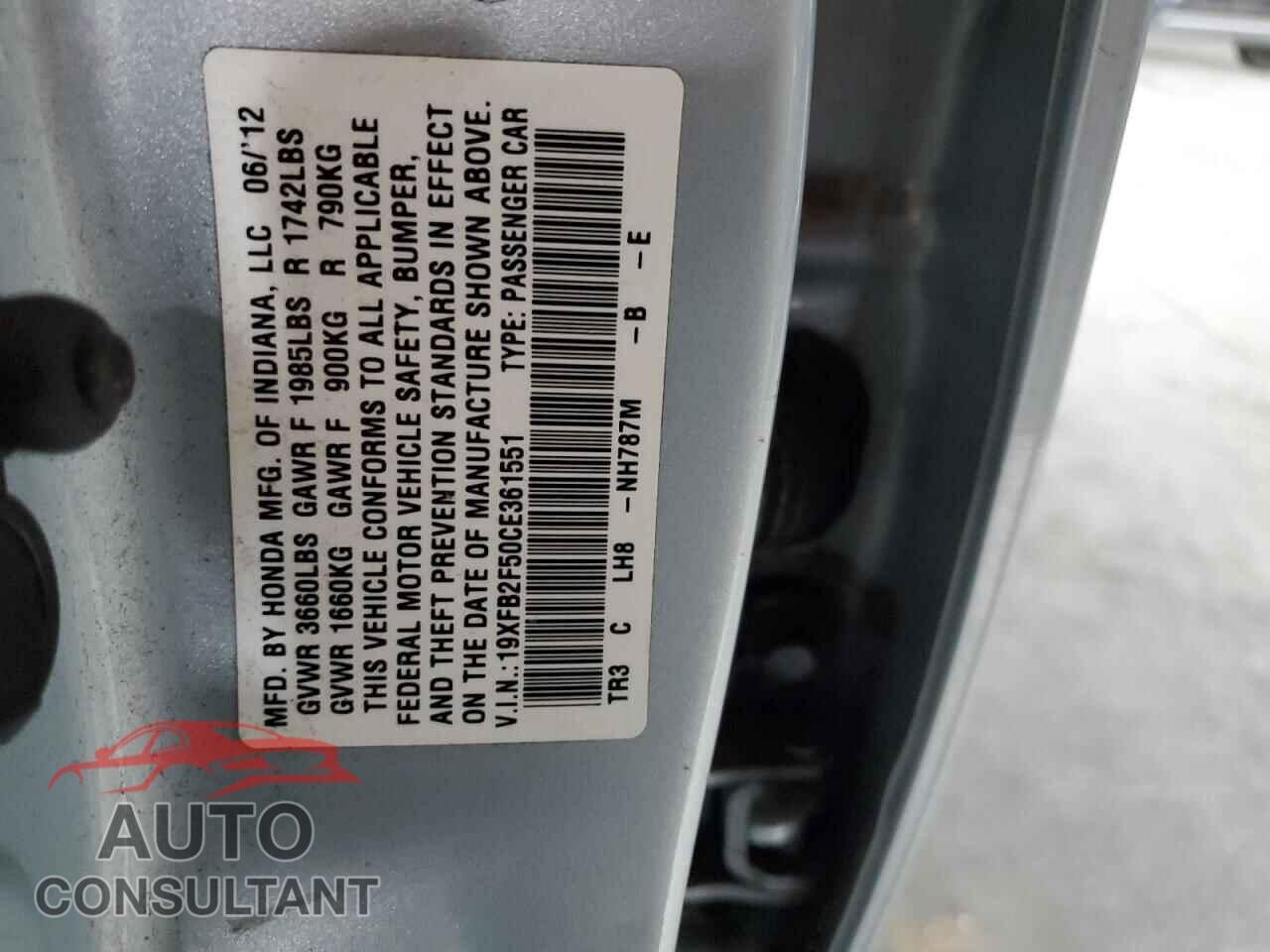 HONDA CIVIC 2012 - 19XFB2F50CE361551