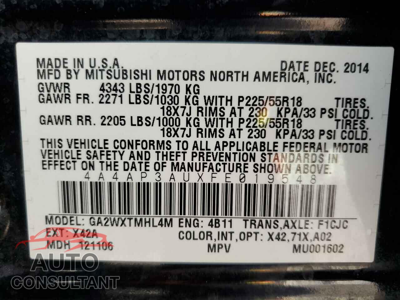 MITSUBISHI OUTLANDER 2015 - 4A4AP3AUXFE019548