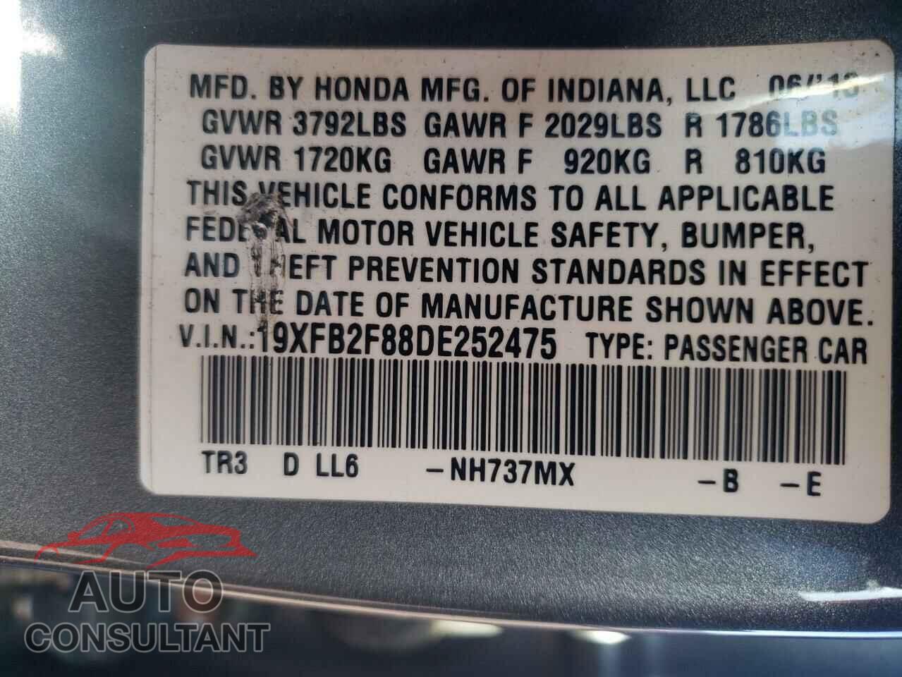 HONDA CIVIC 2013 - 19XFB2F88DE252475