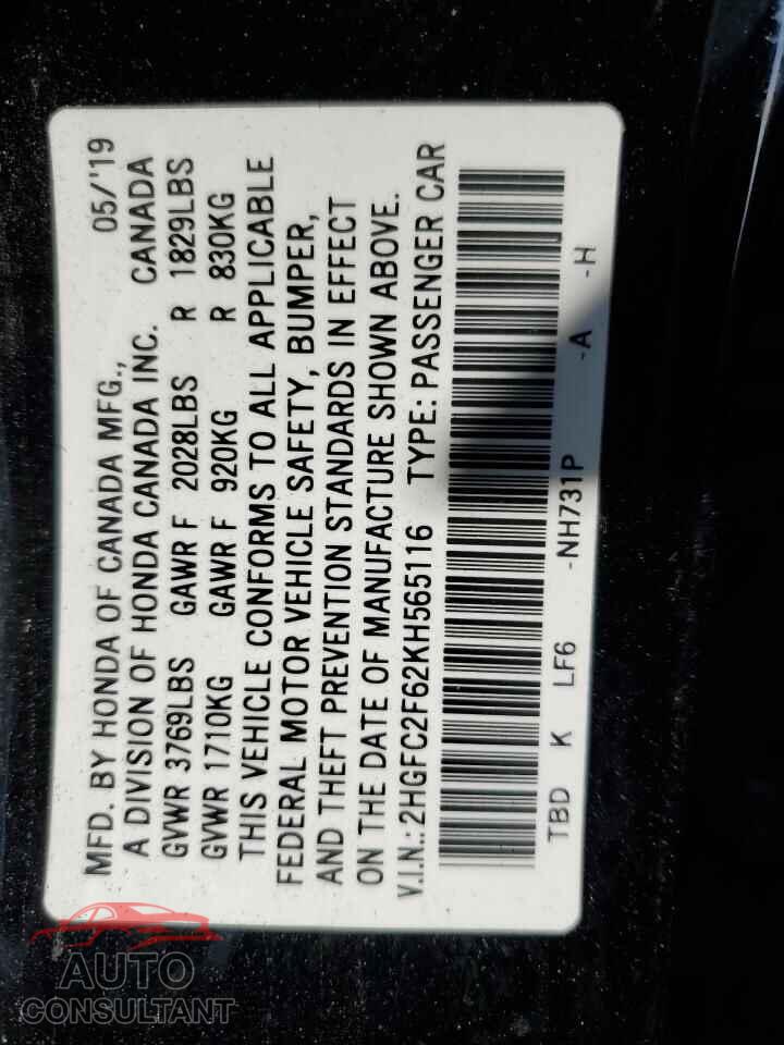 HONDA CIVIC 2019 - 2HGFC2F62KH565116