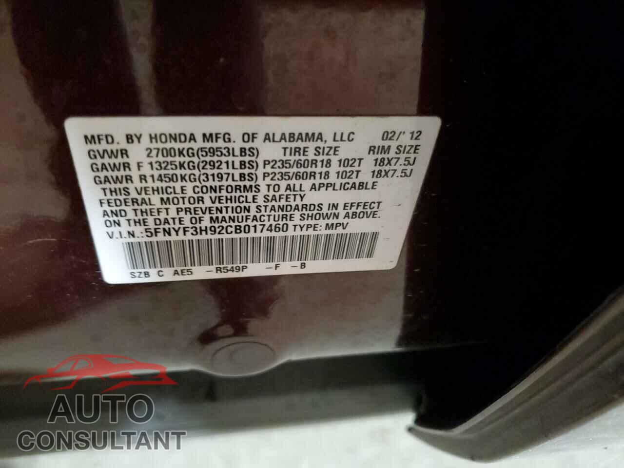 HONDA PILOT 2012 - 5FNYF3H92CB017460