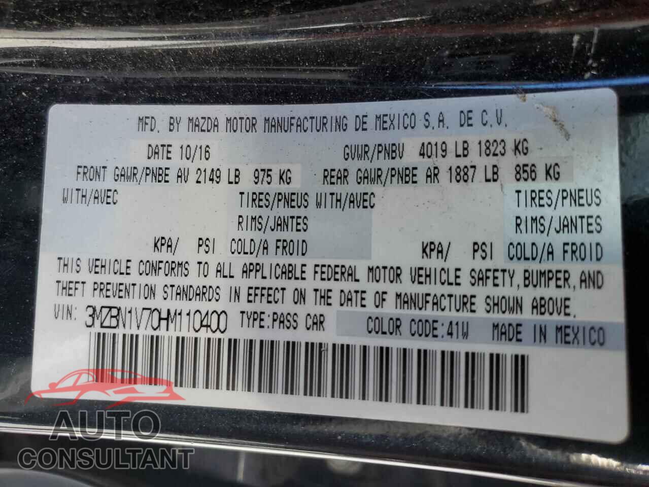MAZDA 3 2017 - 3MZBN1V70HM110400