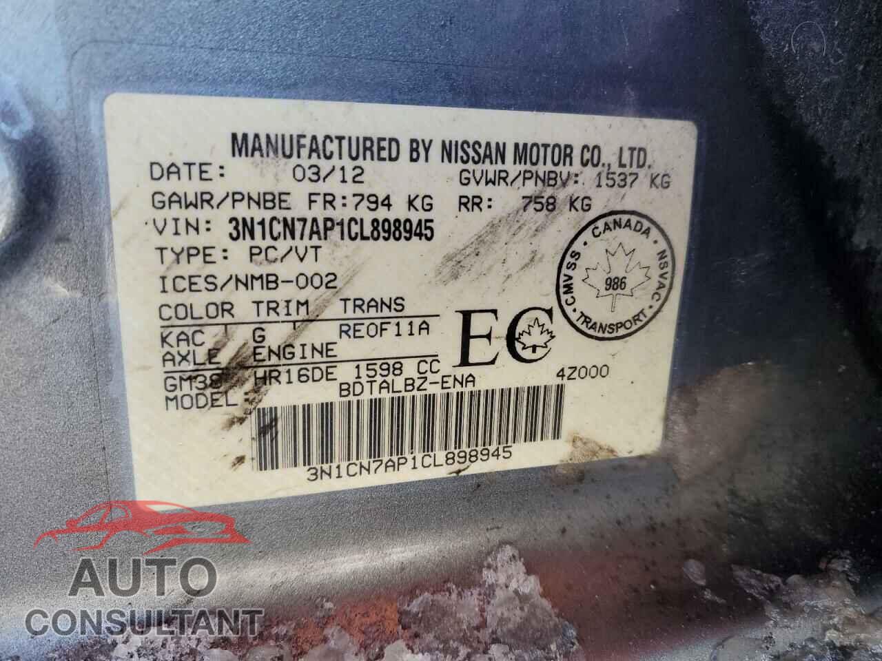 NISSAN VERSA 2012 - 3N1CN7AP1CL898945