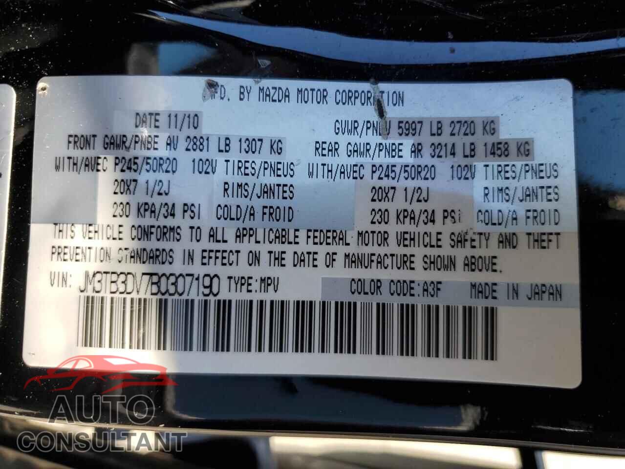 MAZDA CX-9 2011 - JM3TB3DV7B0307190