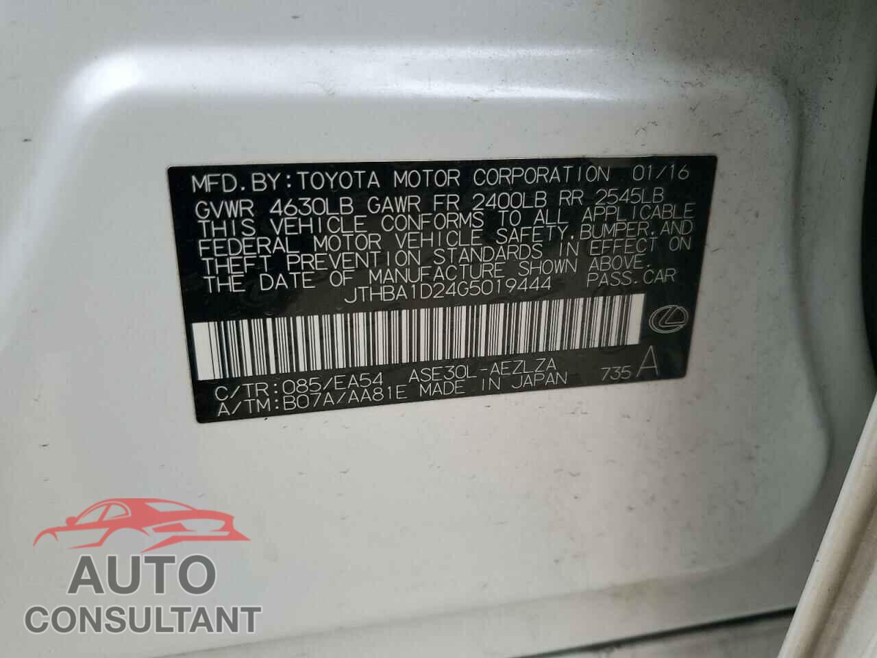 LEXUS IS 2016 - JTHBA1D24G5019444