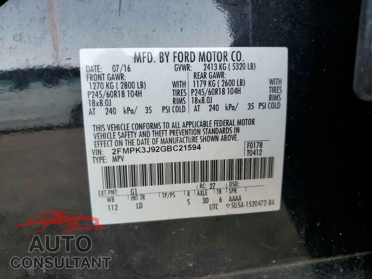 FORD EDGE 2016 - 2FMPK3J92GBC21594