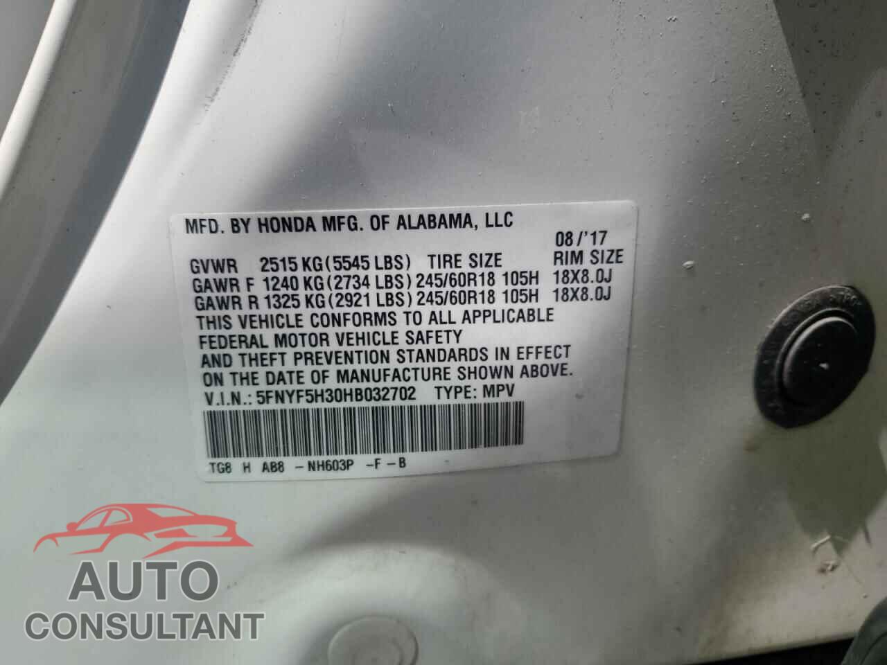 HONDA PILOT 2017 - 5FNYF5H30HB032702