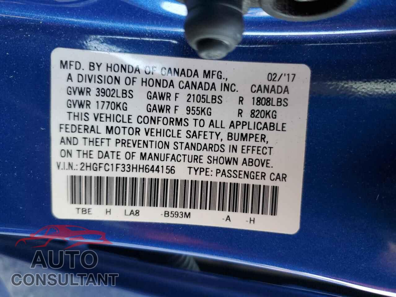 HONDA CIVIC 2017 - 2HGFC1F33HH644156