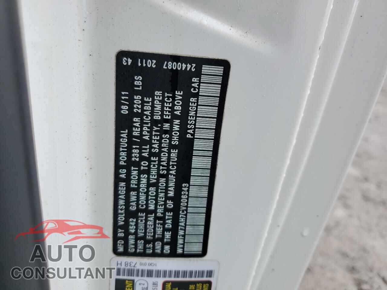 VOLKSWAGEN EOS 2012 - WVWFW7AH7CV006343