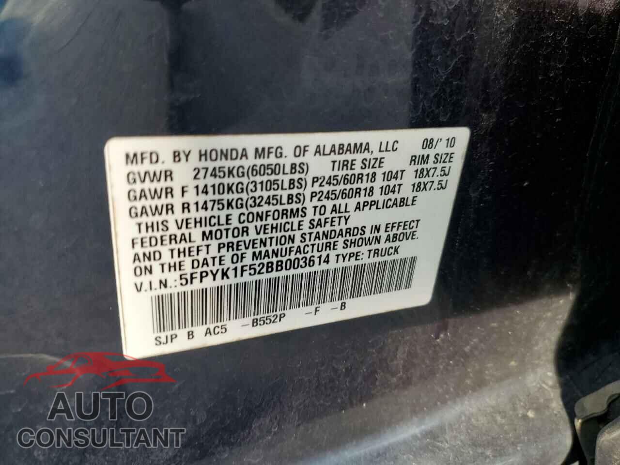HONDA RIDGELINE 2011 - 5FPYK1F52BB003614