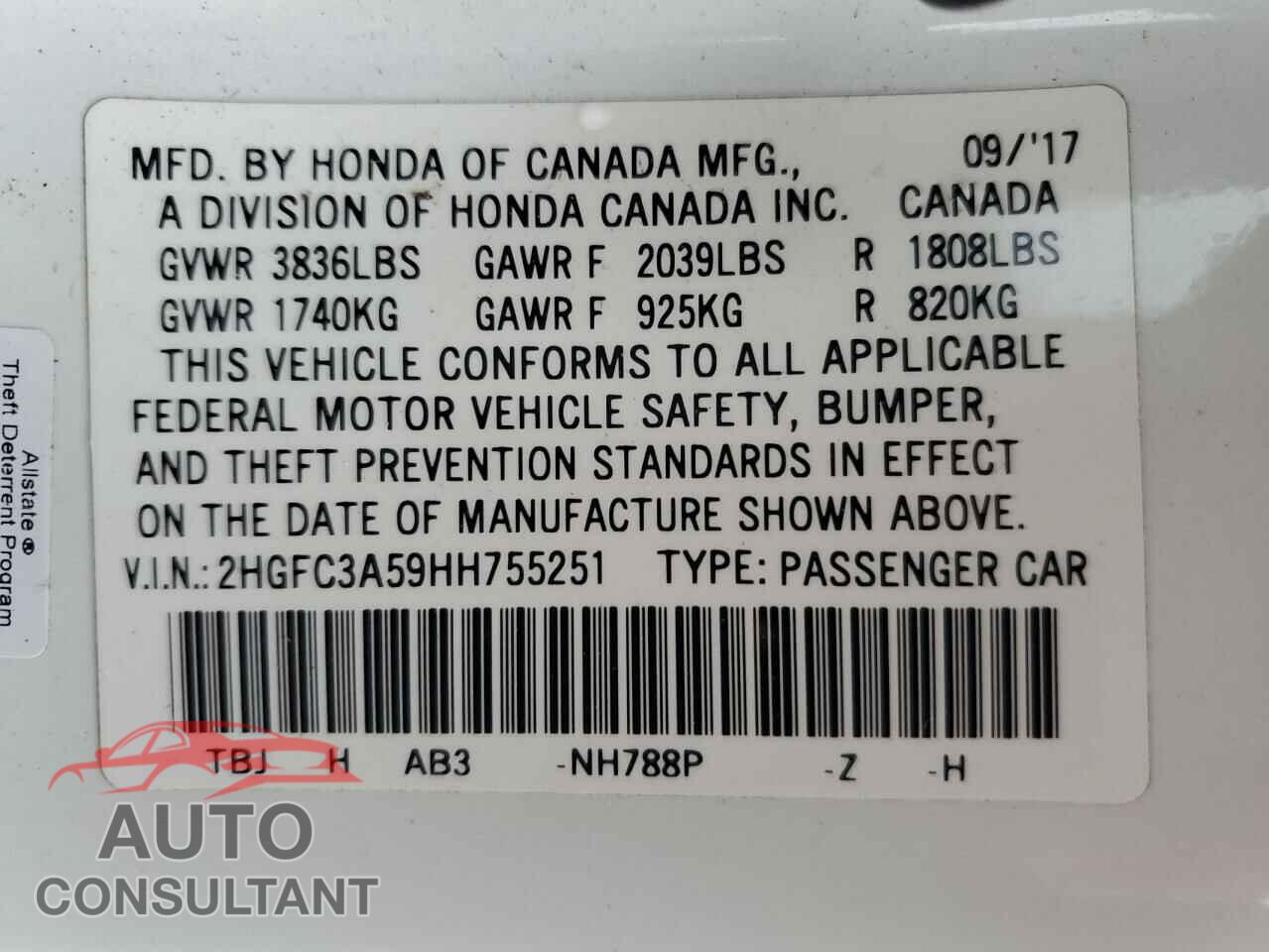 HONDA CIVIC 2017 - 2HGFC3A59HH755251