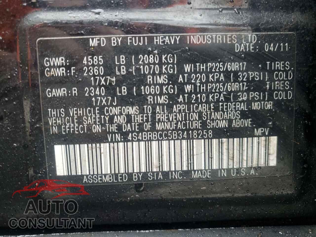 SUBARU OUTBACK 2011 - 4S4BRBCC5B3418258