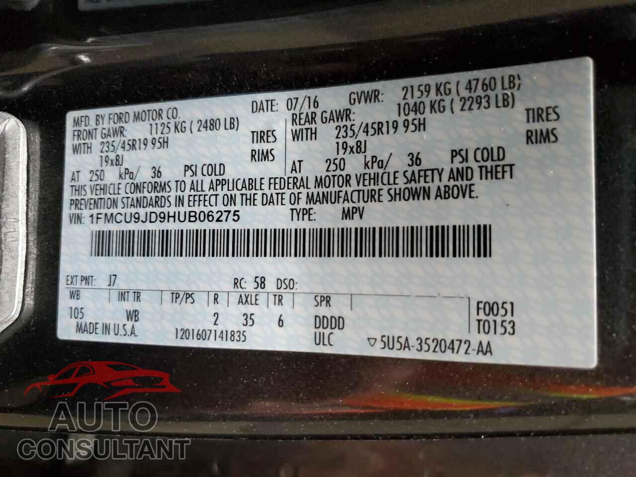 FORD ESCAPE 2017 - 1FMCU9JD9HUB06275