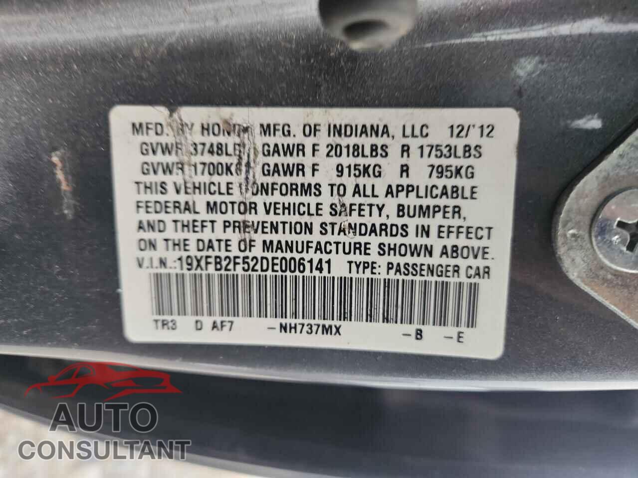 HONDA CIVIC 2013 - 19XFB2F52DE006141