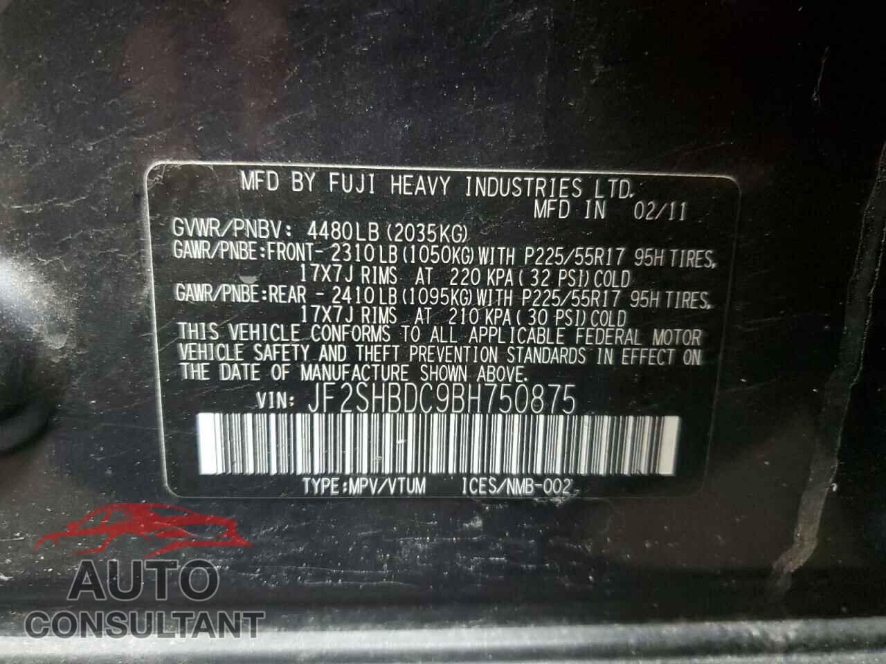 SUBARU FORESTER 2011 - JF2SHBDC9BH750875