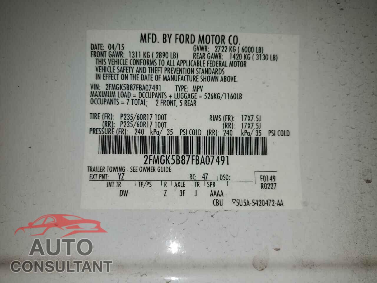 FORD FLEX 2015 - 2FMGK5B87FBA07491