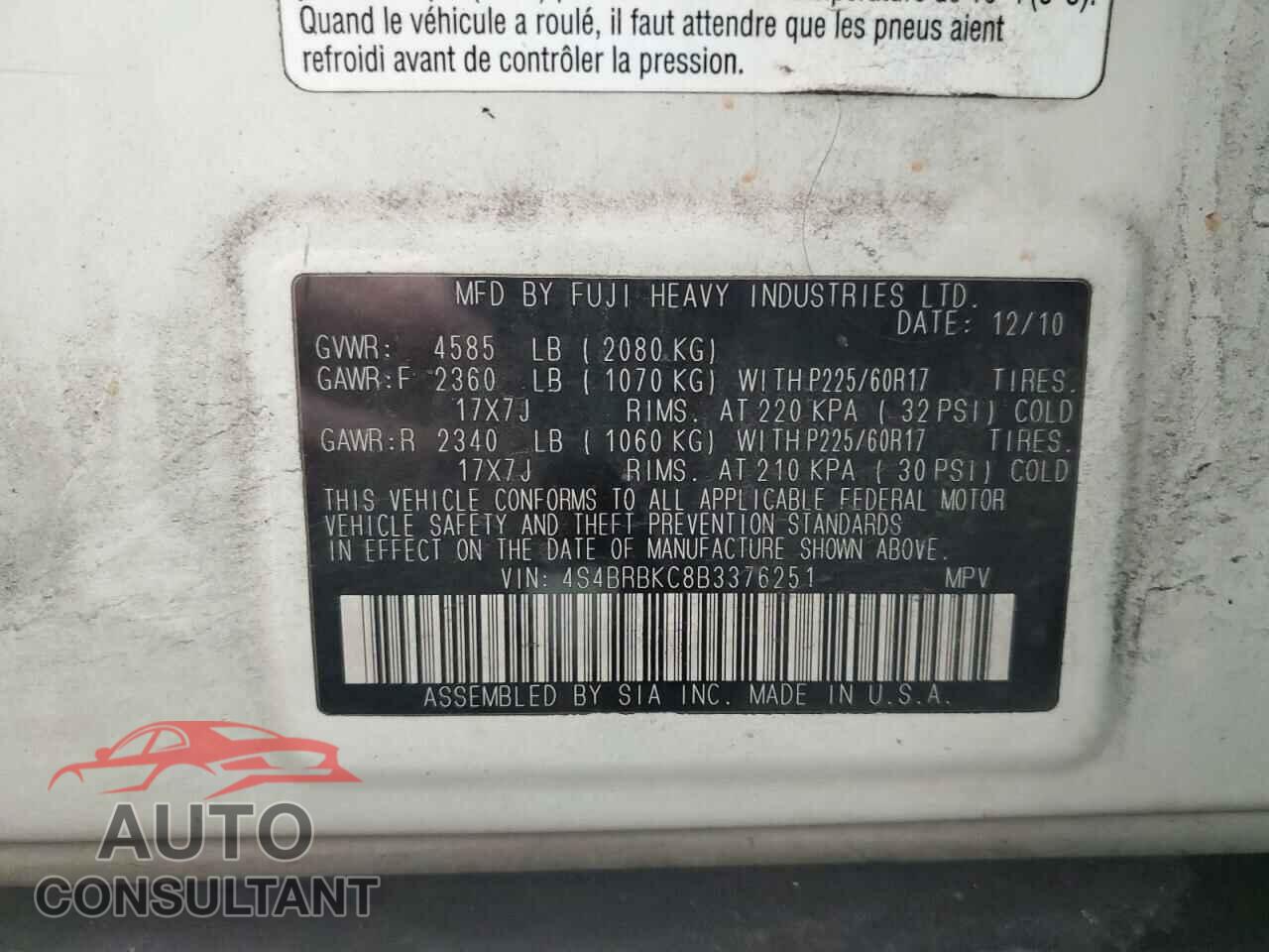 SUBARU OUTBACK 2011 - 4S4BRBKC8B3376251