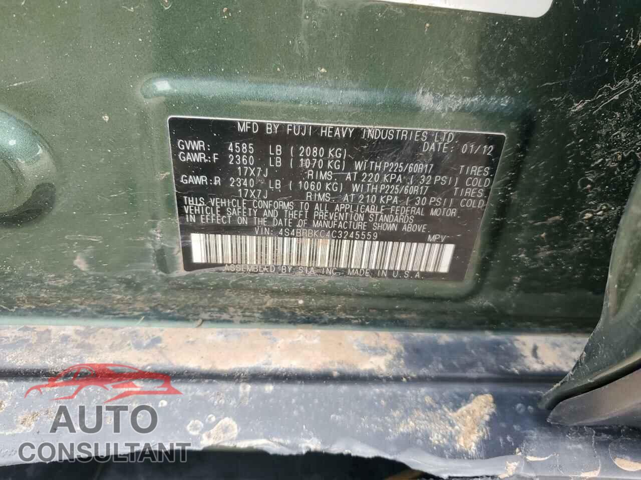 SUBARU OUTBACK 2012 - 4S4BRBKC4C3245559