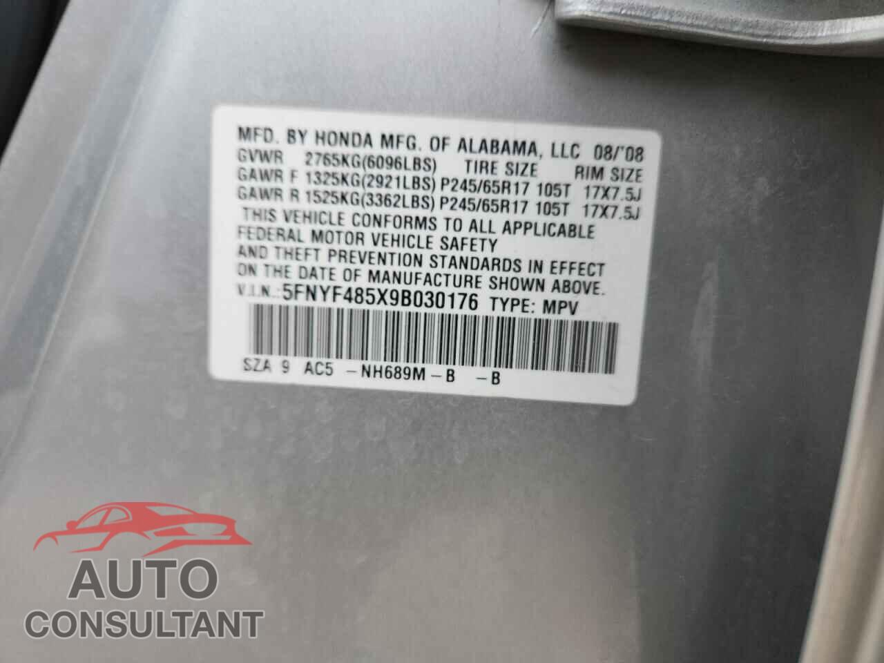 HONDA PILOT 2009 - 5FNYF485X9B030176