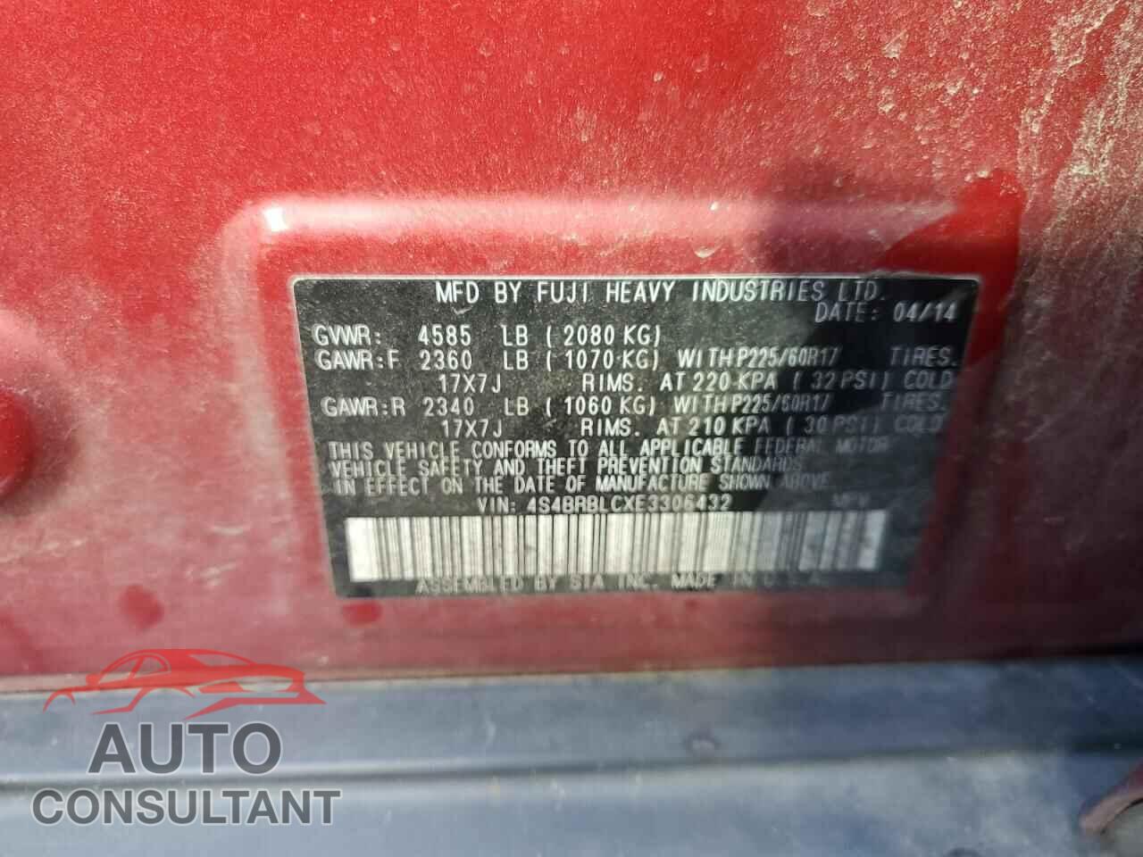 SUBARU OUTBACK 2014 - 4S4BRBLCXE3306432