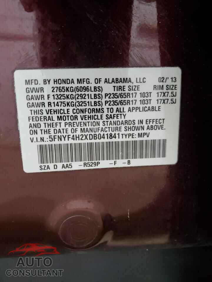 HONDA PILOT 2013 - 5FNYF4H2XDB041841