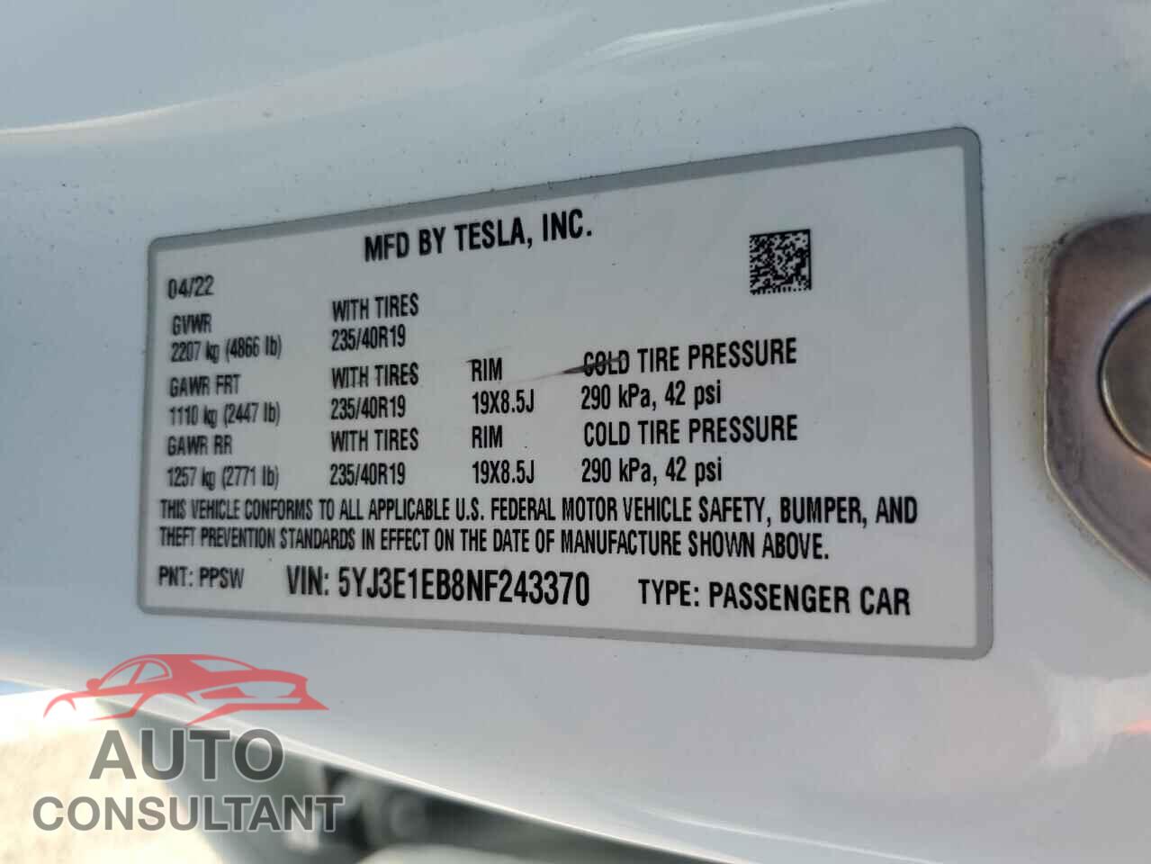 TESLA MODEL 3 2022 - 5YJ3E1EB8NF243370