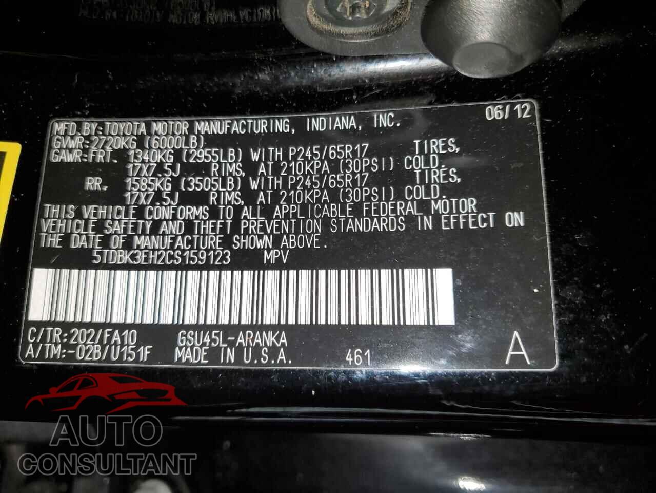 TOYOTA HIGHLANDER 2012 - 5TDBK3EH2CS159123