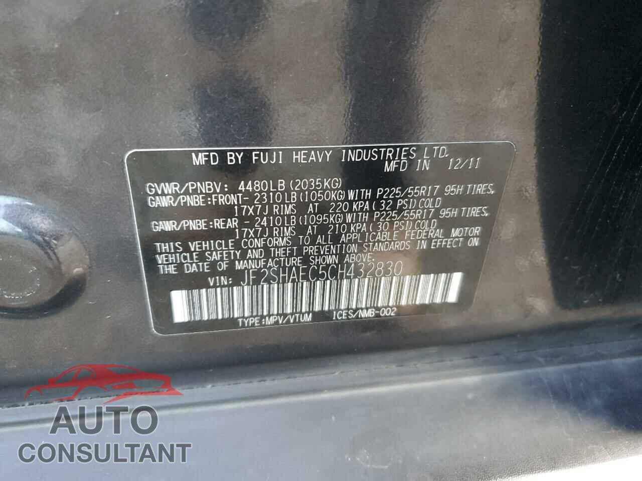 SUBARU FORESTER 2012 - JF2SHAEC5CH432830