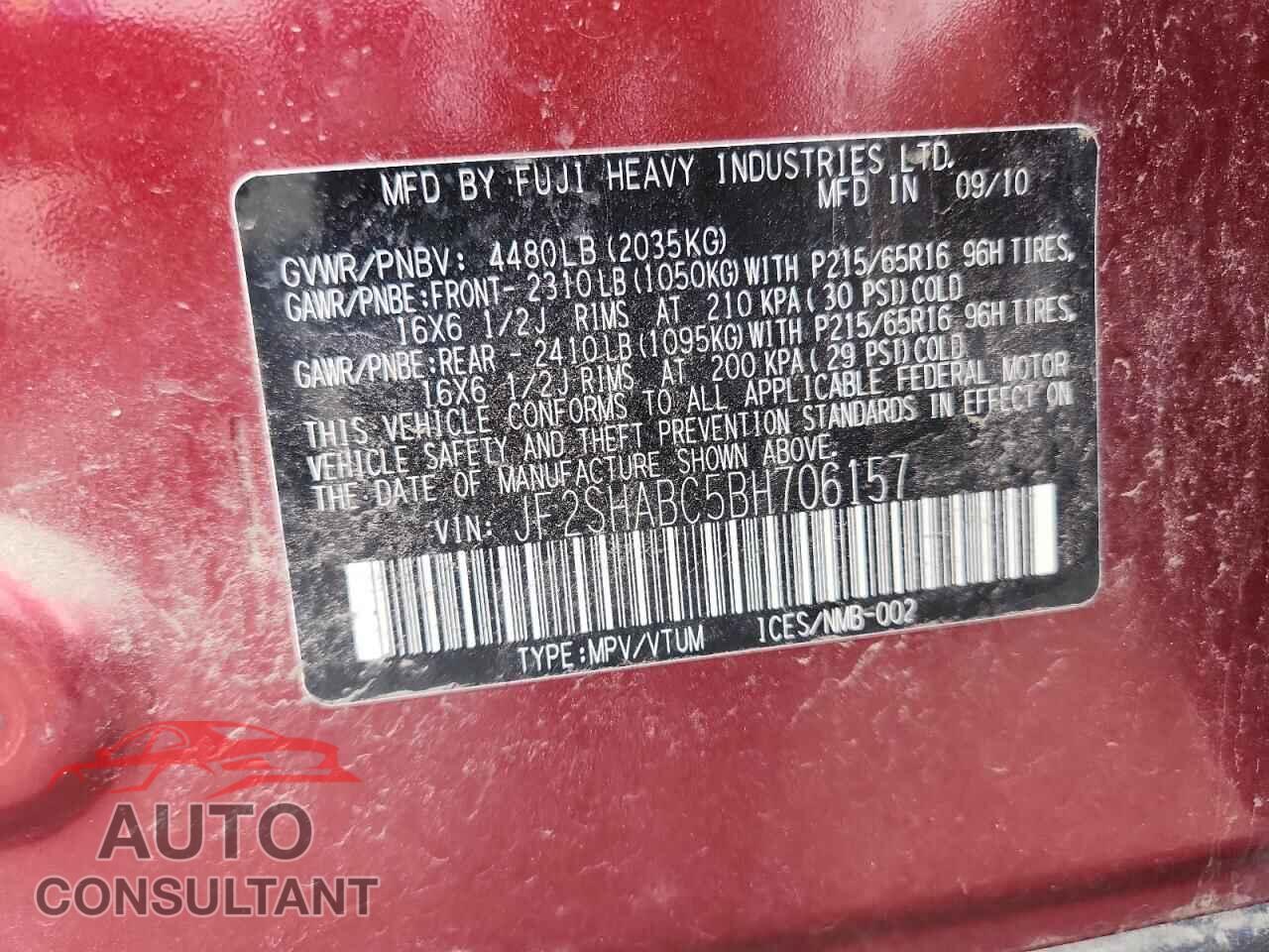 SUBARU FORESTER 2011 - JF2SHABC5BH706157