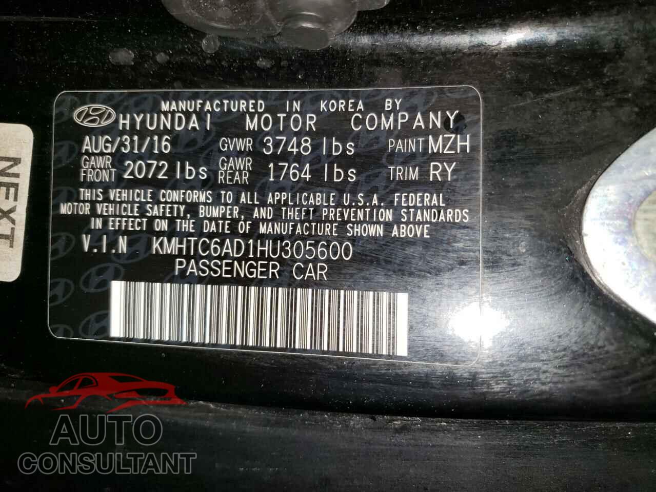 HYUNDAI VELOSTER 2017 - KMHTC6AD1HU305600