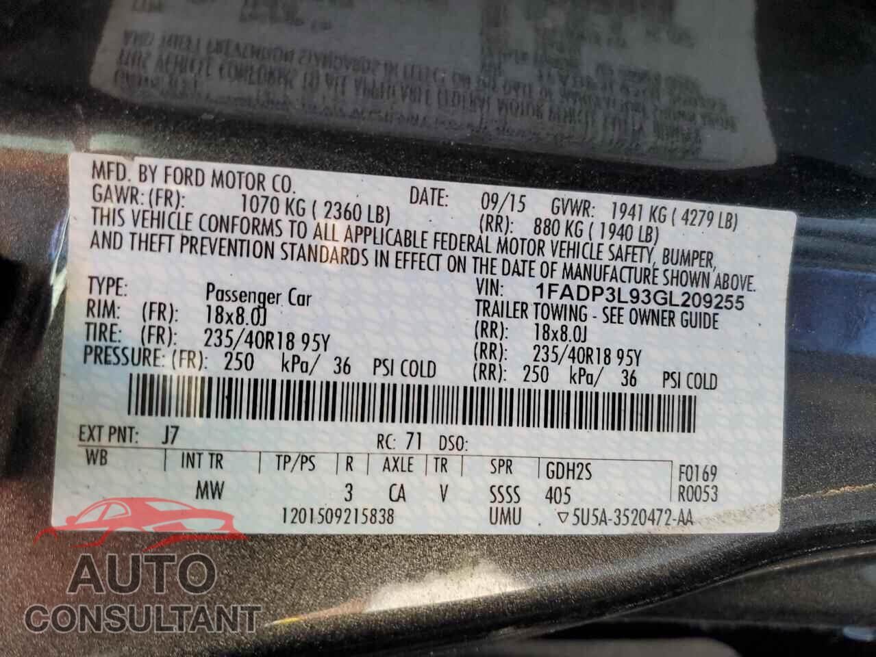 FORD FOCUS 2016 - 1FADP3L93GL209255