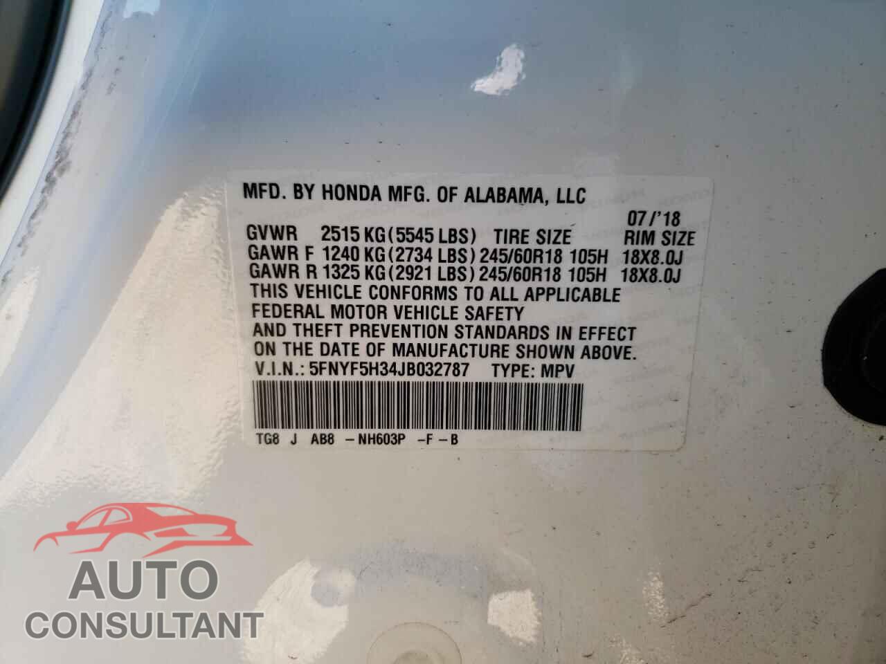 HONDA PILOT 2018 - 5FNYF5H34JB032787