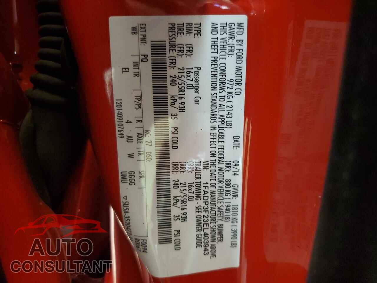 FORD FOCUS 2014 - 1FADP3F23EL403943