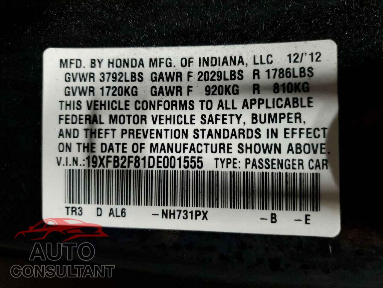 HONDA CIVIC 2013 - 19XFB2F81DE001555