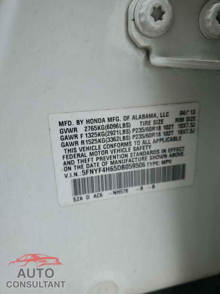 HONDA PILOT 2013 - 5FNYF4H65DB059506
