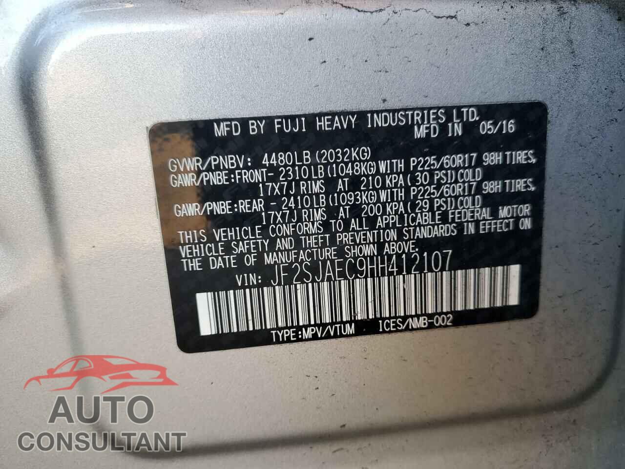 SUBARU FORESTER 2017 - JF2SJAEC9HH412107